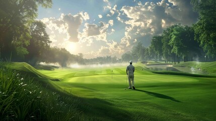 golf player, ball, outdoor golf field at sunny day