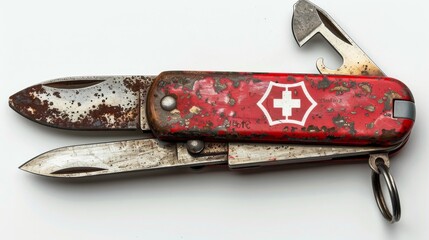 Aged Swiss Army knife with weathered paint on a cracked surface - obrazy, fototapety, plakaty