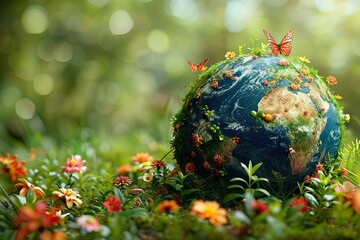 Earth planet with plants, flowers and insects around. earth day concept. World environment day background. Save the earth. 22 april, colorful flowers and ecology concept surrounding earth