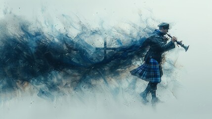 Artistic representation of a Scottish bagpiper in traditional attire, playing amidst a mystical blue smoke