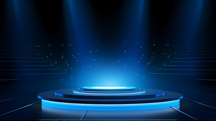 Round podium with shining blue light and digital technology elements