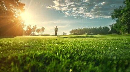 golf player, ball, outdoor golf field at sunny day - obrazy, fototapety, plakaty