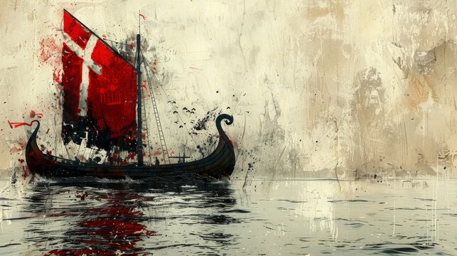 Vintage Viking longship with distressed artistic background, wooden surface