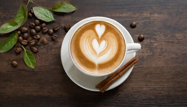  hot coffee cappuccino latte with foam top view on dark wooden background