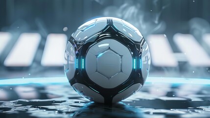 futuristic mechanical soccer ball in glossy white with neon glow details 3d illustration