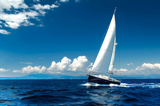 Sailboat cutting through blue ocean waters, white sails billowing against clear sky, sense of luxury and adventure
