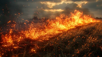 Fototapeta na wymiar Fiery Explosion in Dry Grass Field at Sunset Emitting Sparks and Flames