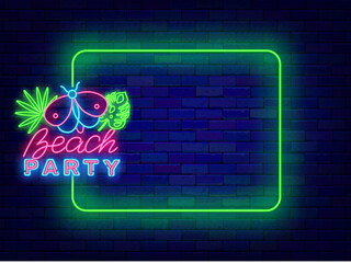 Beach party neon announcement. Shiny holiday promotion. Empty green frame and typography with butterfly and tropical leaves. Season celebration. Editable stroke. Vector stock illustration
