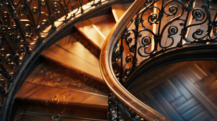 Elegant wrought iron staircase railing with wooden steps