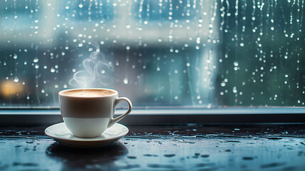 Fototapeta premium A coffee cup or hot tea on a rainy day. Relaxing, Rest, Aromatic, Rainy day