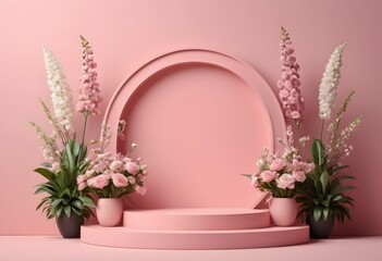 Floral pink, podium, stand for product, generative AI illustration 