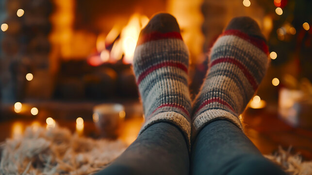 Feet in woolen socks in front of fireplace. Happy people relaxing with warm fire of fireplace and enjoy drinking tea or coffee on a cup. Warming feet in woolen socks. Winter and Christmas holidays