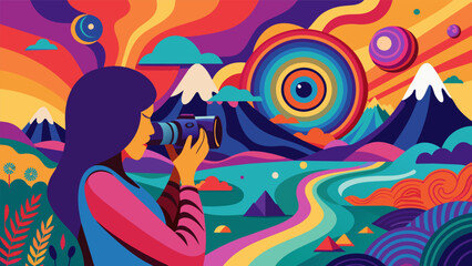 A photographer captures the intricate patterns and colors of a psychedelic landscape all created and shaped by her mindcontrolled camera lens..