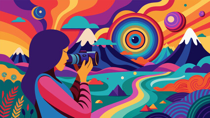 Obraz premium A photographer captures the intricate patterns and colors of a psychedelic landscape all created and shaped by her mindcontrolled camera lens..
