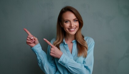 Happy young smiling professional business woman wearing blue shirt looking at camera pointing finger away at copy space showing aside presenting advertising offer standing isolated at gray background 