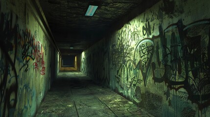 A dark and grungy concrete tunnel with graffiti on the walls.