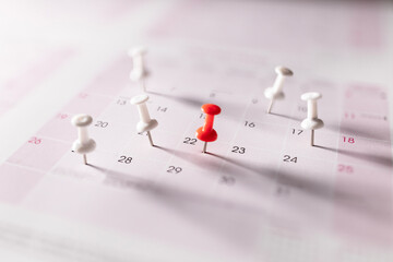 Calendar appointment thumbtacks in various dates on calendar diary background