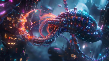 A glowing neon alien centipede with iridescent rainbow exoskeleton and glowing orange eyes