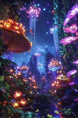 A mystical forest with glowing mushrooms and flowers. There is a river in the foreground and a starry night sky in the background.