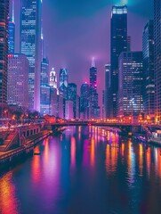 Obraz premium Cityscape of Chicago at night with a river in the center and colorful lights reflecting off the water