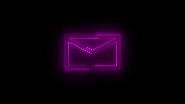 Neon glowing pink color mail symbol icon on black background animation
