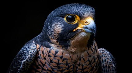 A Peregrine Falcon close up portrait against the dark background. Generative AI