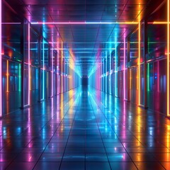 Empty geometric room with glowing neon lines and a dark, stylish atmosphere copy space