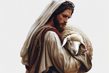 Depiction of Jesus Christ as Shepherd - Jesus Christ holding a Lamb - Blessing to Humanity - Imagination of Redemption and Faith. Beautiful simple AI generated image in 4K, unique.