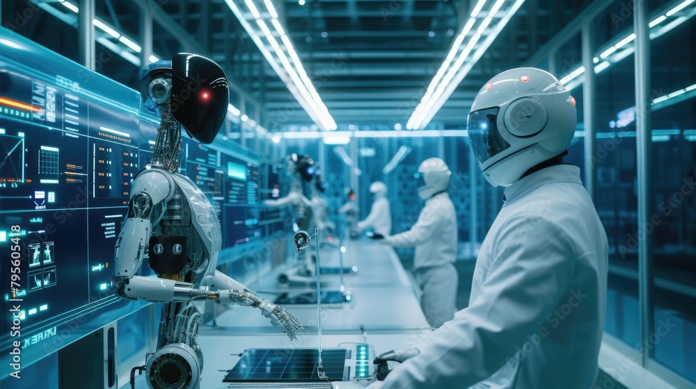 Aufkleber a high-tech robotics lab, engineers working on advanced ai machines, showcasing innovation and futur