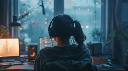 Young Woman Enjoying Music on Headphones in Cozy Home Studio at Night. Generative ai