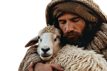Depiction of Jesus Christ as Shepherd - Jesus Christ holding a Lamb - Blessing to Humanity - Imagination of Redemption and Faith. Beautiful simple AI generated image in 4K, unique.