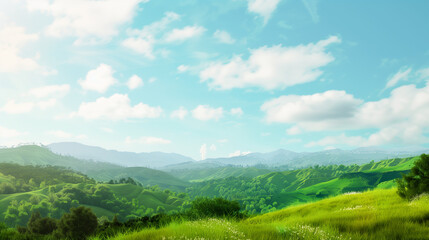 Naklejka premium Tranquil nature landscape backdrop features rolling hills, lush greenery, and serene sky, ideal for wellness retreats or eco-friendly products