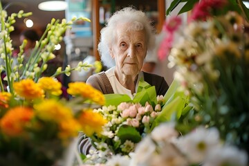 Part-time work creating bouquets for elderly female business owner in flower shop. Concept Floral Arrangements, Part-time Work, Elderly Female, Flower Shop, Creative Bouquets