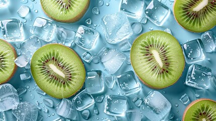 Sliced fresh kiwi and ice cubes on blue background - obrazy, fototapety, plakaty