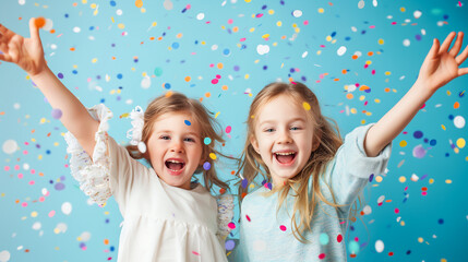 Cheerful two little girl celebrating birthday with glittery confetti splashing. Children birthday party. Celebrating New Year