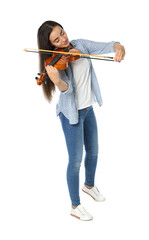 Beautiful woman playing violin on white background