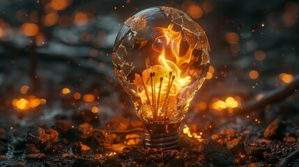 A captivating scene of matchsticks igniting within a shattered light bulb, visually representing the fragile yet fiery nature of new ideas - obrazy, fototapety, plakaty