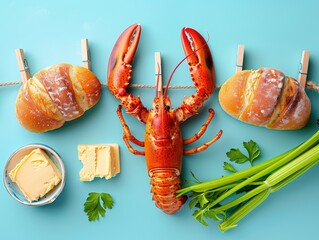 A creative and playful culinary composition featuring a lobster claw, bread rolls, butter, and celery pegged to a clothesline against a turquoise background