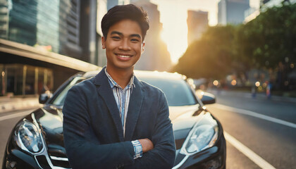 happy young male standing beside new car, expressing pride and satisfaction in his achievement of obtaining a driver license and new car, symbolizing freedom and independence 