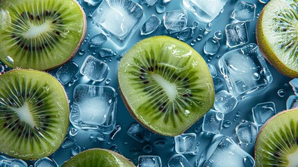 Sliced fresh kiwi and ice cubes on blue background - obrazy, fototapety, plakaty