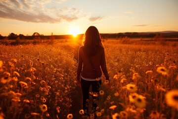 A beautiful young woman is surrounded by a sea of golden sunflowers, their petals glowing in the gentle light of the setting sun, creating a serene and peaceful atmosphere