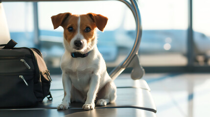 A dog sitting with bag waiting in airport terminal ready to boarding the airplane. Holiday vacation, Animal and travel concept