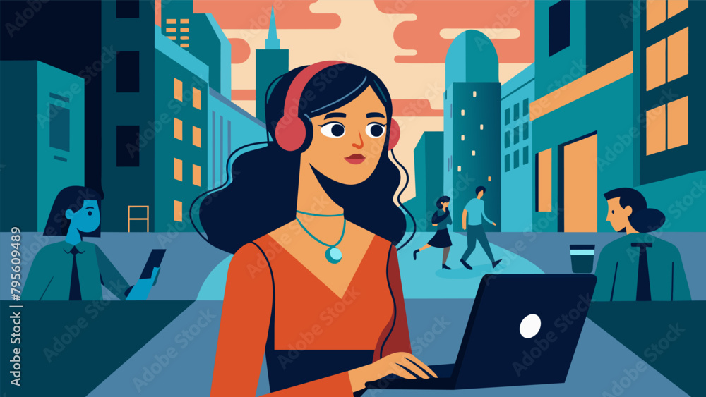 Poster a woman in a busy city street appears to be talking to herself but in reality she is giving commands
