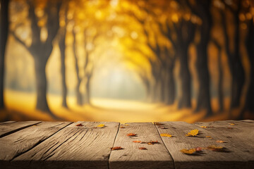 Beautiful blurred autumn background view with empty rustic wooden table for mockup product display. Picnic table with customizable space on table-top for editing in fall season. Flawless generative ai