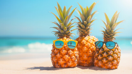 Three funny pineapples in sunglasses on the beach. Tropical summer vacation concept. Happy sunny day on the beach of tropical island