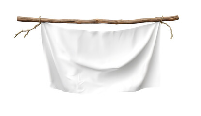  White cloth hanging on a bamboo pole against an isolated white background.