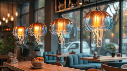 Cozy cafe with creative jellyfish shaped lamps - 795609665