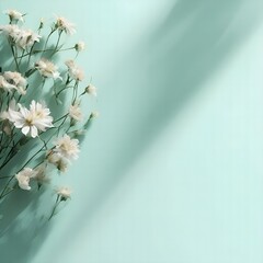 There are a lot of field daisies to the side from the middle of the mint-colored background, a lot of light and shadows