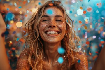 Woman smiling surrounded by a shower of colorful confetti, symbolizing joy