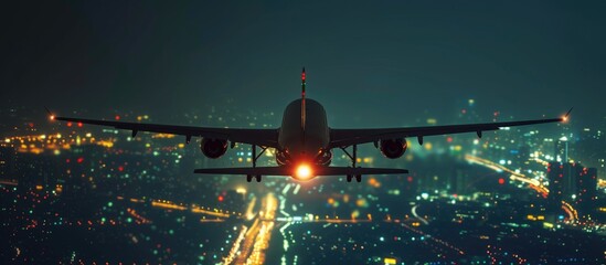 Nighttime Spectacle: Passenger Plane Over Urban Glow - obrazy, fototapety, plakaty